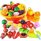 Tomons Kids Pretend Food Kitchen Toys Play Food for Kids, Plastic Food Fruit Cutting Set for Children Girls Boys Educational Early Age Basic Skills Development 20pcs Set with Basket