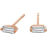 Baguette Stud Earrings for Women White Cubic Zirconia, Moissanite or Lab Grown Diamond Solitaire Studs Push Back Earring in 14K Gold Plated 925 Sterling Silver Dainty Jewelry Gift for Her
