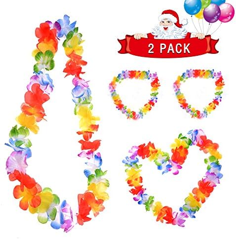 Jellydog Toy Tropical Luau Hawaiian Leis, Necklaces &amp; Headband &amp; Bracelet floral Leis Set, Hawaiian Luau Party Supplies, Party Decorations Favors Supplies, 2 Pack/Set