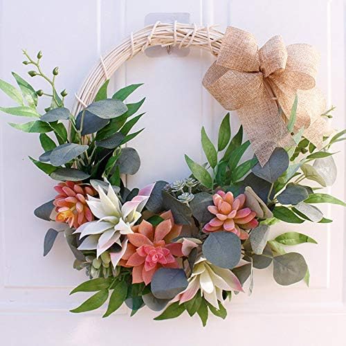 DAMEING Artificial Succulent Wreath, Decorative Greenery Wreath with Knotted Bow, Spring Summer Wreath Fake Succulent Plants Hanging for Front Door Wall Window Decor (16inch)