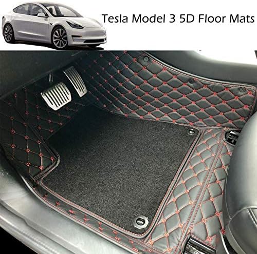BMZX Car Floor Mats Custom All Weather 5D for Tesla Model 3 (Red) Anti-Slip Auto Flooring Waterproof & Dirt Proof Heavy Duty Easy to Clean (Red, PU Leather Material)