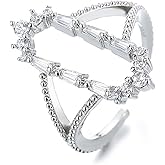 Hebelee CZ Rectangle Open Band Ring for Women Silver Plated Minimalist Cubic Zirconia Wedding Statement Adjustable Finger Rings Comfort Fit Fashion Simple Geometric Engagement Jewelry