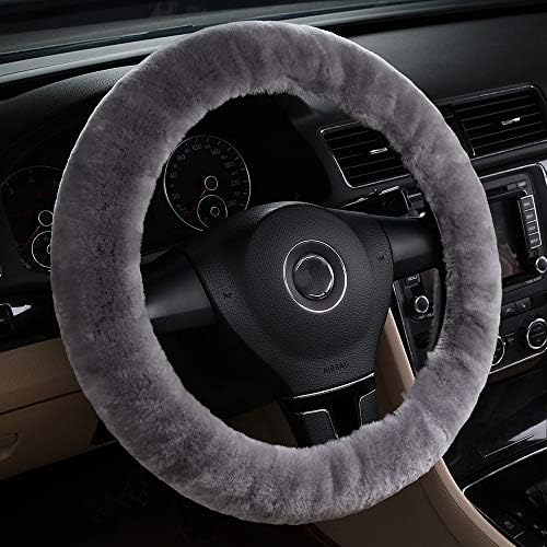 Fluffy Wool Car Steering Wheel Cover Genuine Sheepskin Steering Wheels Interior Accessories for Women Anti-Slip Universal for 15 inch (Gray)