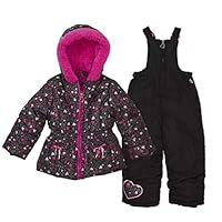 Arctic Quest Infant Girls Leopard Print Puffer Jacket with Fleece Lined Hood and Snow Bib Pants Set, Hot Pink & Grey, 18M