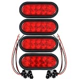 (4) Trailer Truck LED Sealed RED 6" Oval Stop/Turn/Tail Light Marine Waterproof Including 3-pin Water Tight Plug with Wires and Grommet