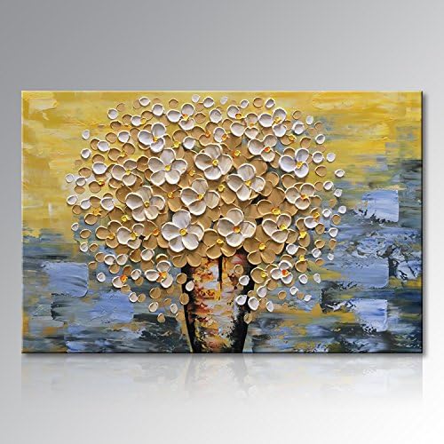 Handmade Yellow Canvas Wall Art Hand Painted Flower Oil Painting Modern Decor Floral Artwork 40"W x 30"