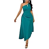 OYOANGLE Women's One Shoulder Drawstring Ruched Dress Asymmetrical Cutout Cocktail Long Dresses