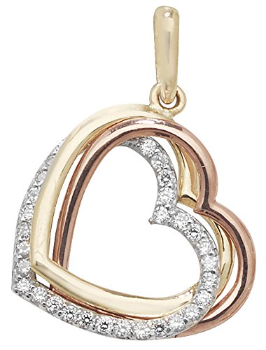 Beautiful 9ct 3 Colour Gold Ladies Heart Pendant with Cubic Zirconia/CZ - 20mm*15mm WJS10775