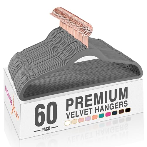 HOUSE DAY Grey Velvet Hangers 60 Pack, Premium Non-Slip Felt Hangers, Sturdy Heavy Duty Coat & Suit Hangers, Space Saving, No Hanger Marks, Rose Gold Hook