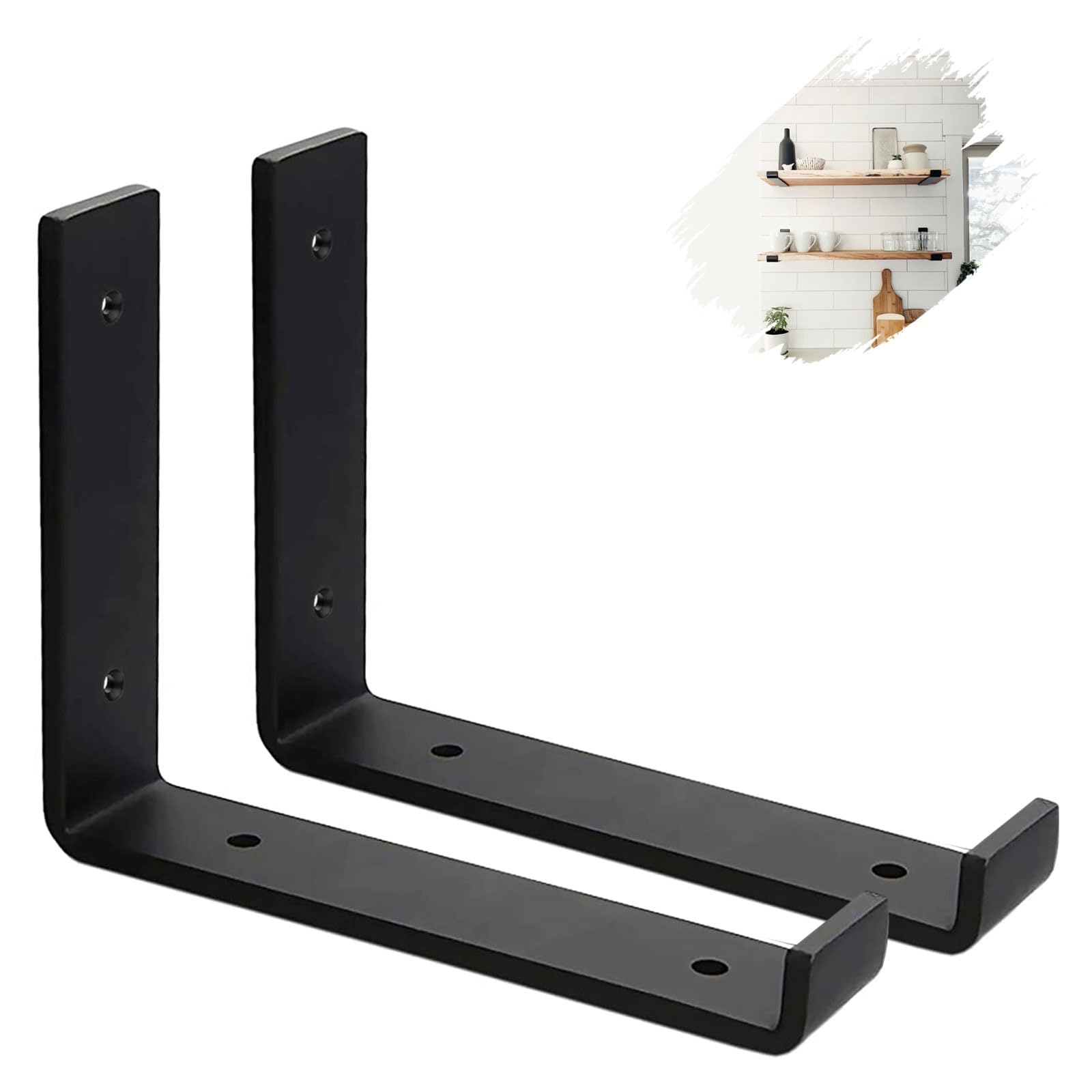 MLOQI 2 Pack Scaffold Board Shelf Brackets with Lips, 5mm Thick Heavy Duty L Wall Brackets for Shelves, Black Industrial Shelves Support (8"x6"/20cm x 15cm) — image 1
