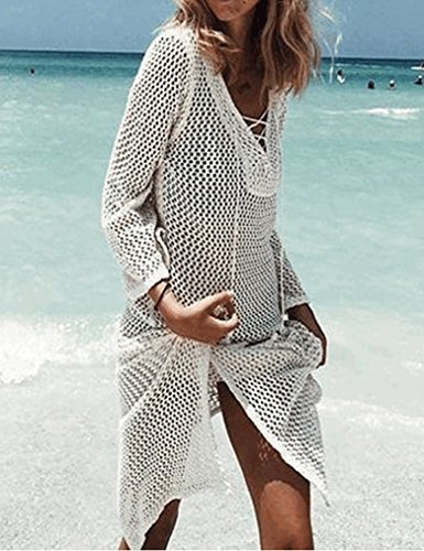 Locryz Women's Crochet Beach Dress Lace up Tunic Split Bathing Suit Cover Up (White) - Thumbnail 2