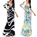 YJWAN Women's Casual Sexy 3/4 Sleeve Deep V Neck High Waist Floor Length Dress