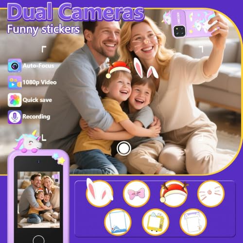 Kids Smart Phone Toys with Case, Dual Camera Travel Toys Educational Games, 2.8" Touchscreen 16 Learning Games Music Player, 32G TF Card, Gifts for 3-7 Year Old Girls Boys (Purple)