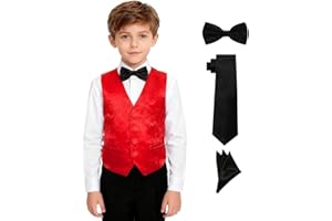 Lycody Boys Vest 4 Piece Paisley Boy Suit Vests Set for Kids Jacquard Waistcoat with Bowtie, Necktie, Pocket Square