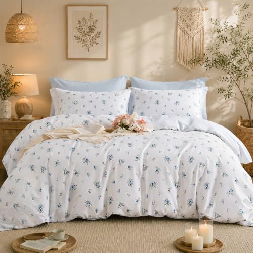 Lanqinglv Bettwäsche 200x200 Baumwolle Blau Weiß Blumenmuster
