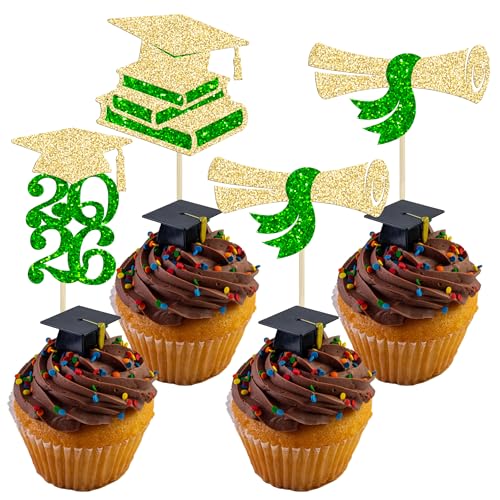 Ephlyn 24Pcs 2026 Graduation Theme Cupcake Toppers Glitter Class of 2026 Cupcake Picks Diploma Grad Cap Cupcake Decorations for 2026 Graduation Theme Party Cake Decorations Supplies Green Gold at Amazon