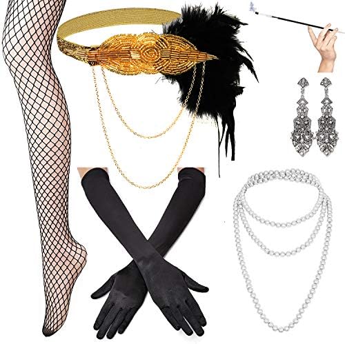 1920s Accessories Set for Women Feather Headband Earrings Necklace Gloves Cigarette Holder Gatsby Flapper Costume Set