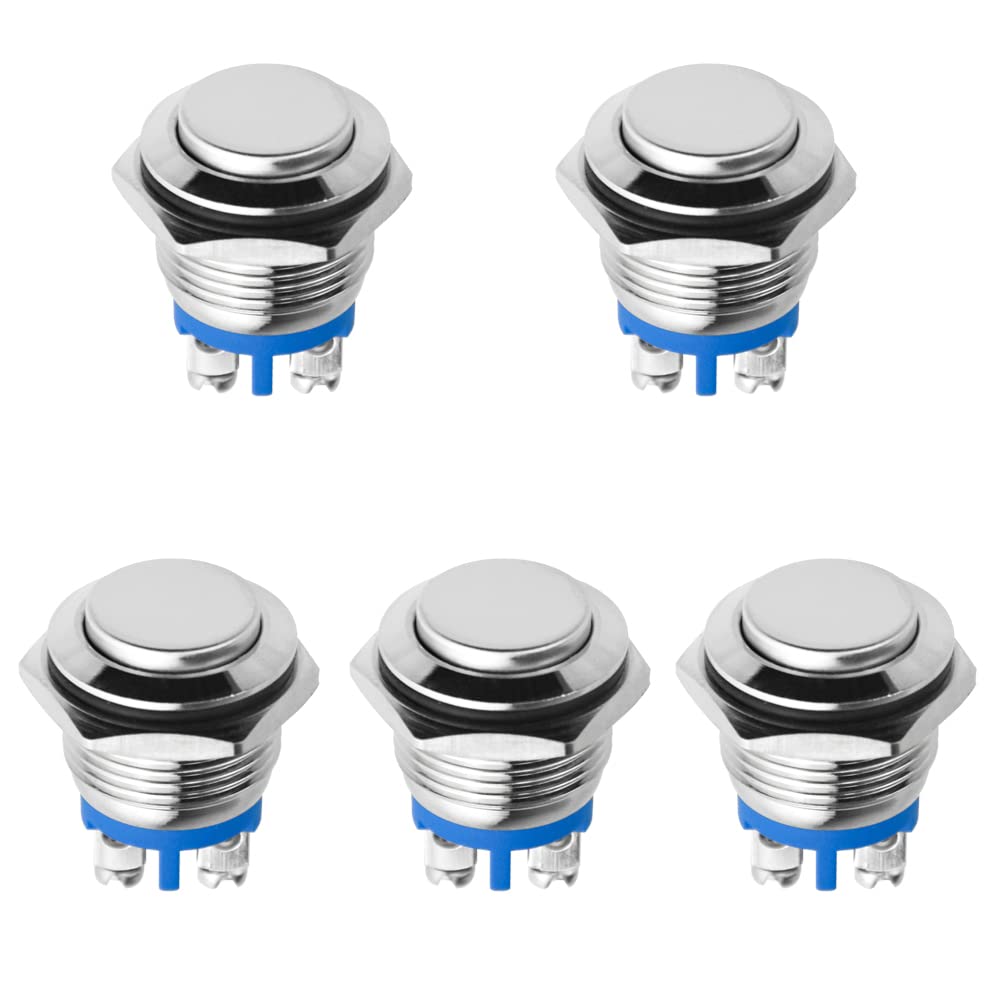 WMYCONGCONG 5 Pcs 16mm Momentary Push Button Switch 1NO SPST DC/AC 36V 2A with Waterproof Stainless Steel Metal Cap for Car Truck RV Boat