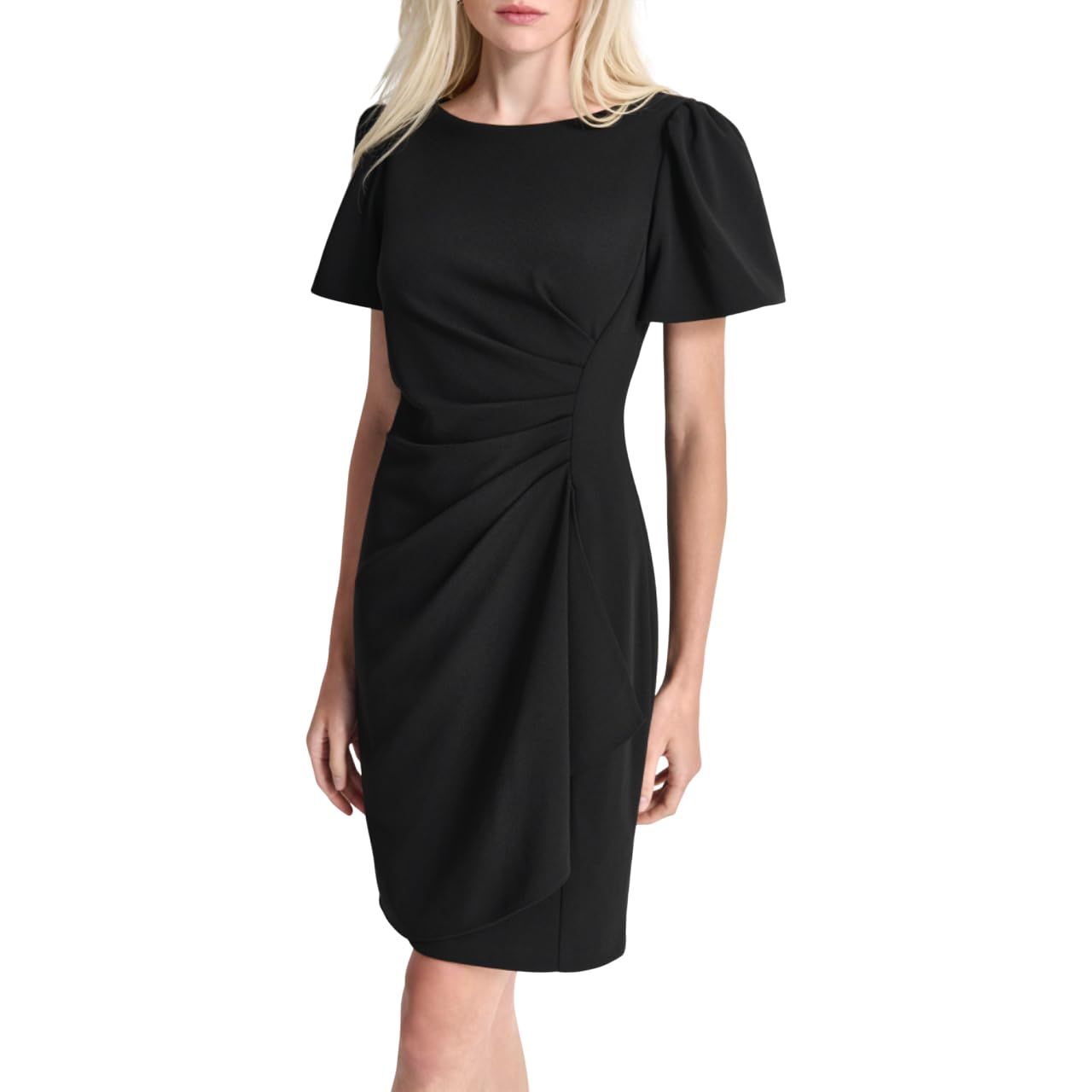 DKNY Women’s Plus Size Ruched Side V-Neck Short Sleeve Dress, Black, 20