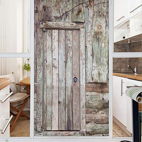 Decorative Privacy Window Film/Old Rustic Barn Door Cottage Country Cabin Theme Rural Mystic Entrance of Home Decorative/No-Glue Self Static Cling for Home Bedroom Bathroom Kitchen Office Decor Warm T