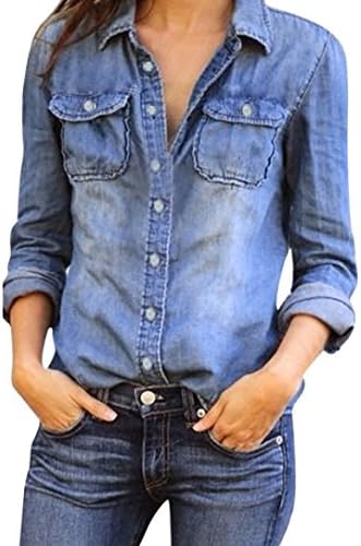 Nevera Fashion Womens Casual Blue Jean Denim Long Sleeve Shirt Tops Blouse Jacket (S, Blue)