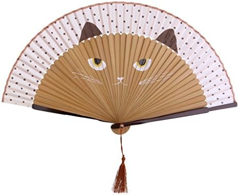Women's Folding Hand Fan with Tassle Cat Print 21cm Blue