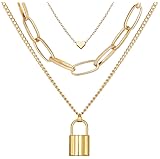 Paperclip Link Layered Necklace Gold Chain Y Lock Edgy Necklace for Women.Layering Oval Dainty Chunky Chain Choker Girls Teens Pendant Gift