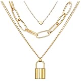 Paperclip Link Layered Necklace Gold Chain Y Lock Edgy Necklace for Women.Layering Oval Dainty Chunky Chain Choker Girls Teens Pendant Gift