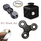 3 Pack Fidget Spinner Toys,Hybrid ceramic bearing Fidget tri-Spinner,Hand Double-Spinner Metal,Fidget Cube for killing time and stress reducer (All Black Set)