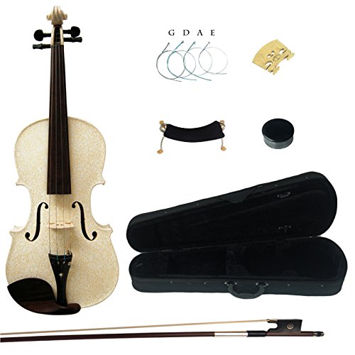 Kinglos 4/4 White Yellow Flowers Colored Ebony Fitted Solid Wood Violin Kit with Case, Shoulder Rest, Bow, Rosin, Extra Bridge and Strings Full Size (HB1304) - Thumbnail 7
