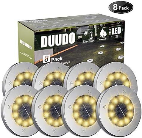 DUUDO Solar Ground Light, Newest 10 LED Garden Pathway Outdoor Waterproof in-Ground Lights, Disk Lights (Warm Yellow, 8 Pack)