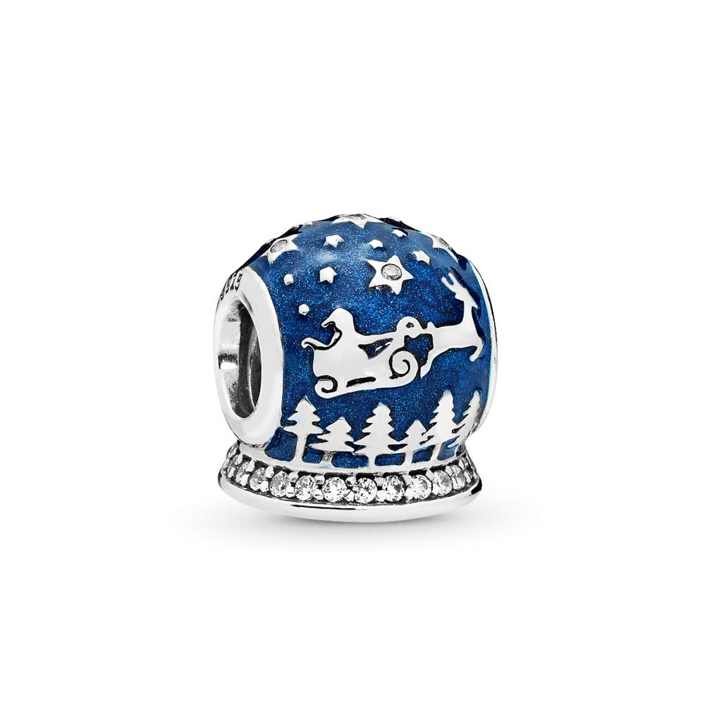 FGT Blue Snow Globe Christmas Night Ball Sterling Silver Charm fits Pandora Charms Bracelets Birthday Xmas Beads Gift for Women Daughter Santa Deer Moose Star Moon