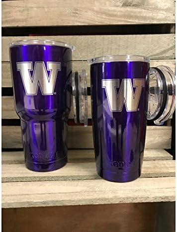 Washington Huskies (Purple) NCAA Engraved Vacuum Insulated Tumbler Two Lids Kodiak Coolers - Stainless Steel Double Wall - Thermal Coffee Travel Cup Rambler Yeti - Ice Over 24 Hours (20 oz)