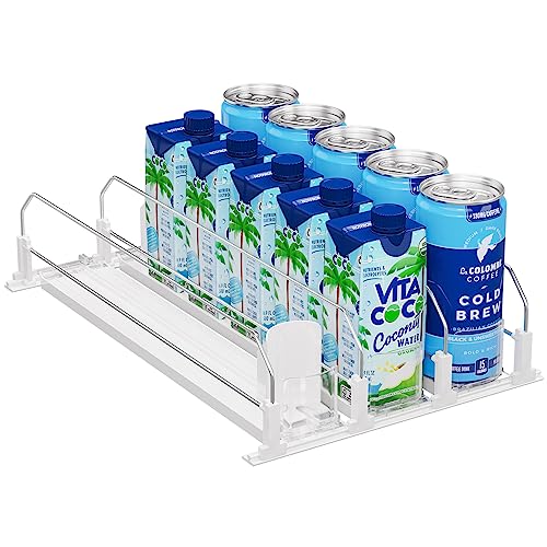 Puricon Soda Can Organizer for Fridge Refrigerator, Spring Loaded Self-Pushing Automatic Glide Adjustable Drink Beverage Rack Bottle Dispenser Storage -White, 3 Rows