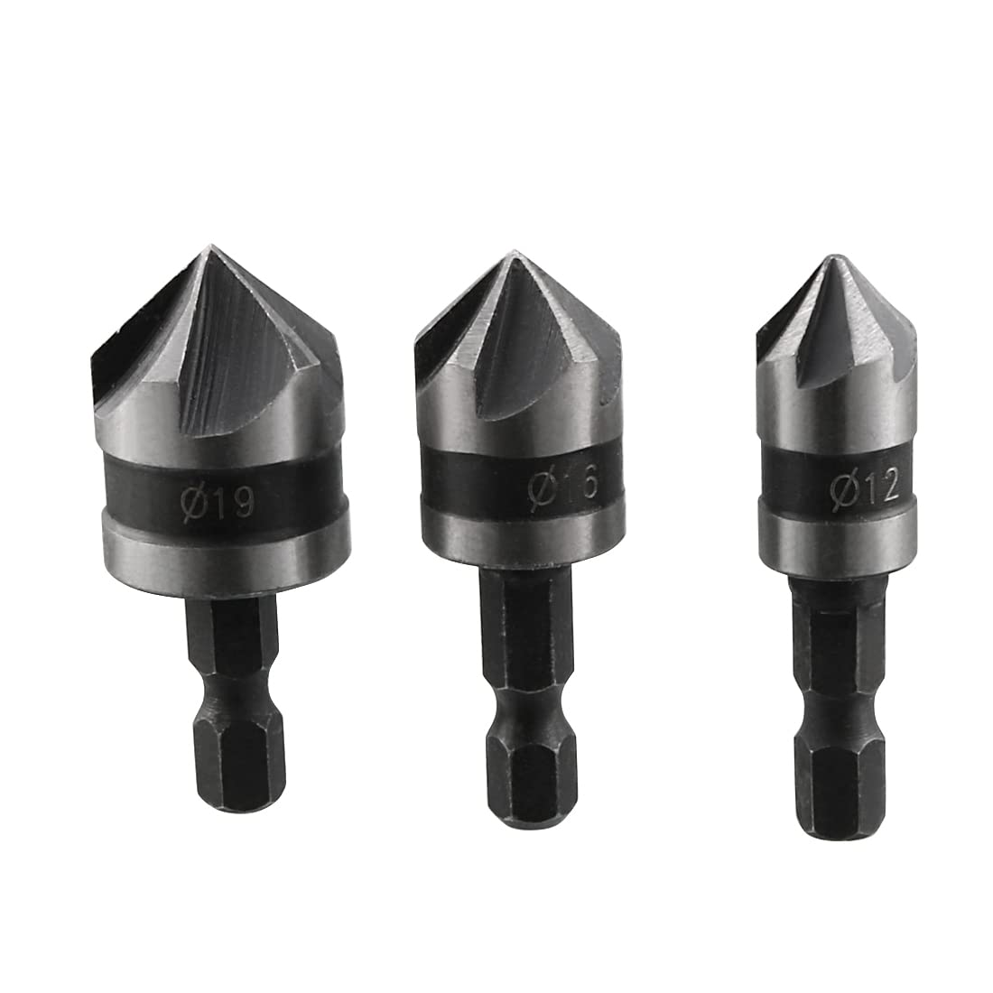 sourcing map Countersink Drill Bit Set 12mm 16mm 19mm Dia 1/4” Hex Shank 90 Degree 5 Flute Chamfer Tool for Woodworking Carbon Steel 3pcs