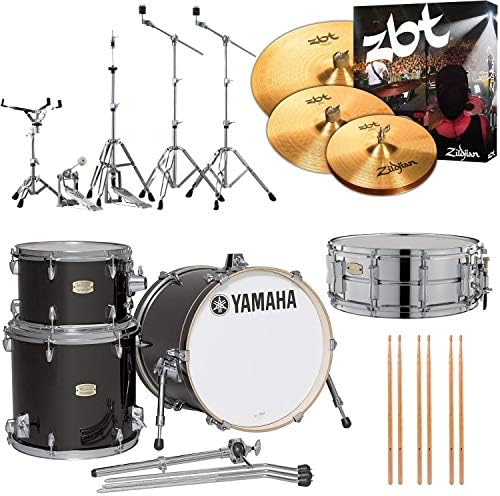 Yamaha Stage Custom Complete Drum Kit 3-Piece Shell Pack Raven Black with Yamaha HW-680W Hardware Pack, Zildjian ZBT Cymbal Starter Kit, Yamaha SSS-1455 Steel Snare, and 3-Pairs of Drumsticks