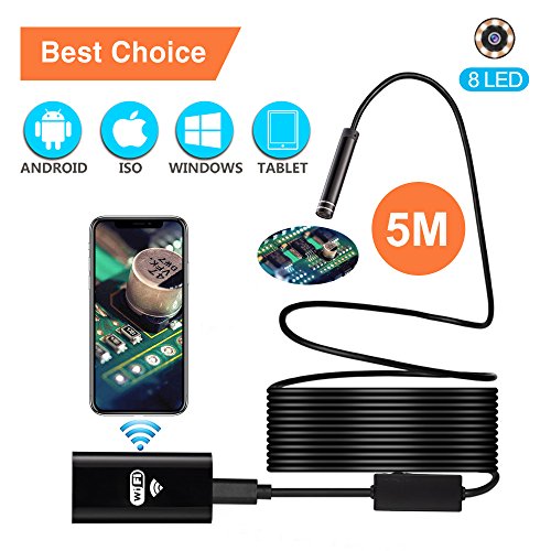Power Wireless Endoscope, Waterproof Semi-rigid USB Endoscope 8 LED Inspection Camera, 2.0 Megapixel HD WiFi Borescope for iPhone, Android, Laptop, Tablet-16.4 FT/5M