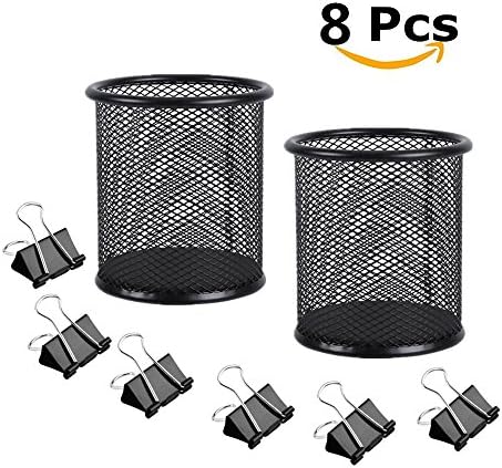 2 Pack Mesh Pen Holder Metal Pencil Cup Organizer with 6 Pcs 1.6 Inch Binder Clips Paper Clamps Office School Supply