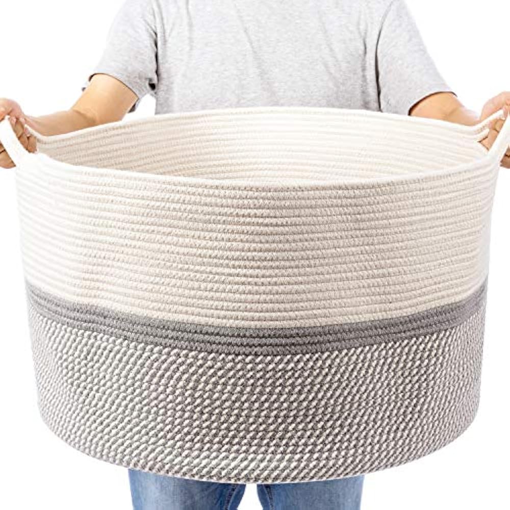 XXL Extra Large Cotton Rope Woven Basket, Throw Blanket Storage Handles