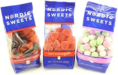 Nordic Sweets 3 Variety Pack: Forest Berries, Soft Raspberries, Mintees 8-ounce Bags (Pack of 3)