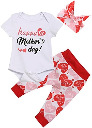 iCrazy Happy First Mother's Day Baby Girls' Outfit Set 3PCS Romper Love Printed Pants with Hat