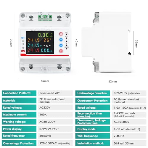 Wifi Electric Consumption Meter 100A 220V AC Wifi Meter Bidirectional Meter Tuya APP Smart Light Counter Under/Overcurrent/Delay/Time/Leakage Protection