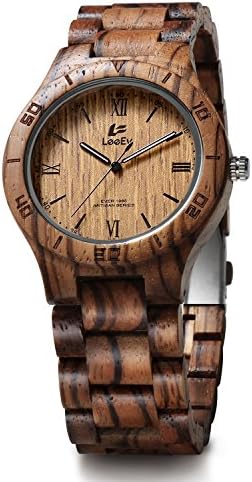 LeeEv EV1985 Mens Handmade Zebra Sandal Wood Watch Analog Quartz Light Weight Vintage Wooden Wrist Watch (EV1985B)