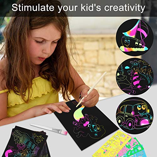 Mosoan Scratch Art Paper Set for Kids, 50pcs Rainbow Magic Scratch Off Paper Black Doodle Pads Boards with 8 Wooden Styluses, 4 Stencils and 1 Brush for Christmas Birthday Gift Easter Party Game
