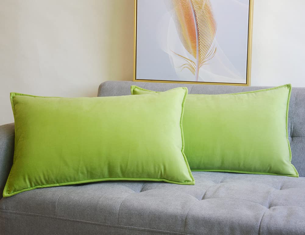 Lutanky Velvet Cushion Covers 30 x 50 cm Apple Green Decorative Rectangle Throw Pillow Case (Pack of 2) Soft Oblong Piped Pillowcases for Sofa Bedroom with Invisible Zipper 12x20 Inch
