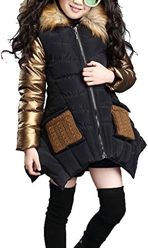 LifeChid Big Girls' Winter Parka Down Coat Puffer Jacket Padded Overcoat with Fur Hood (11T, Black)