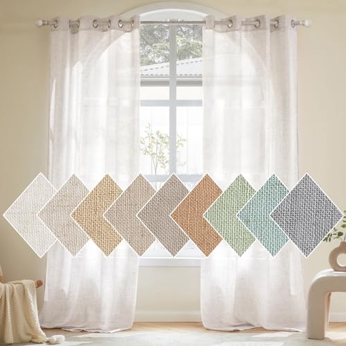 Woaboy Linen Curtains Translucent Net Curtains with Eyelets Modern Decorative for Living Room, Window, Bedroom, 2 Pieces, 140 x 245 cm, White Bleached