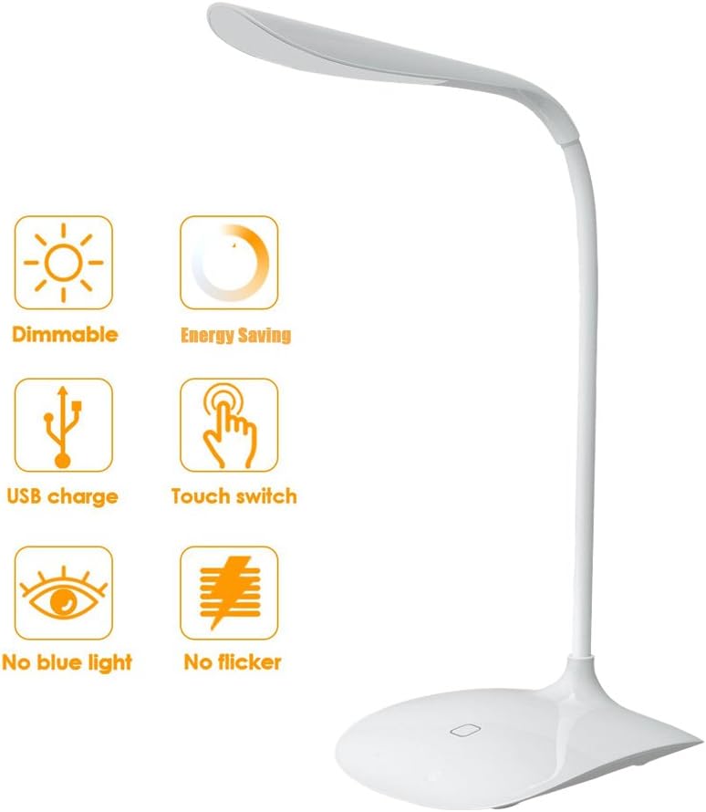 LED Desk Lamp, Rioway 3 Levels Dimmable Eyecare Reading Lamp Folding Touch Control Adjustable Gooseneck Table Lamp Office Light with USB Charging Port for Studying, Reading, Working,Camping- White