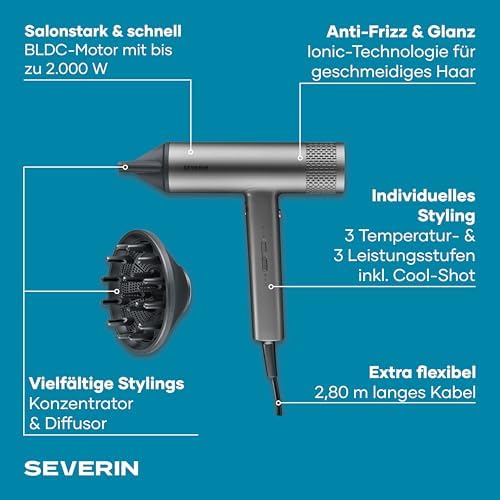 Ionen-Haartrockner inkl. Diffusor, Konzentrator, leistungsstarker Föhn und langlebiger Haar-Trockner, BLDC-Motor, Ionic-Technologie, S-Style Speed Pro, 2,8m Kabel, 2.000W, anthrazit, HT 0171