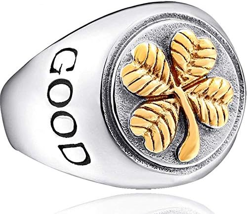 XBOMEN Gold Plated Four Leaves Clover Engraved Good Luck Stainless Steel Mens Ring Gift